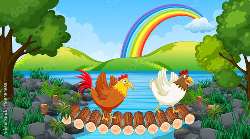 Park scene with two chickens on the bridge