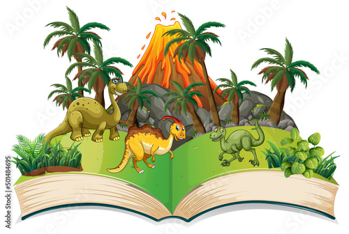 Opened book with various dinosaurs cartoon