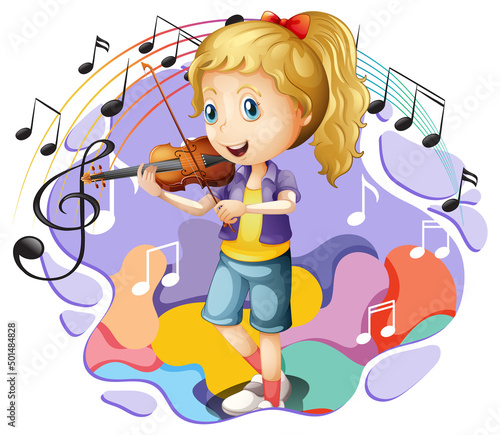 A girl playing violin and music melody symbols