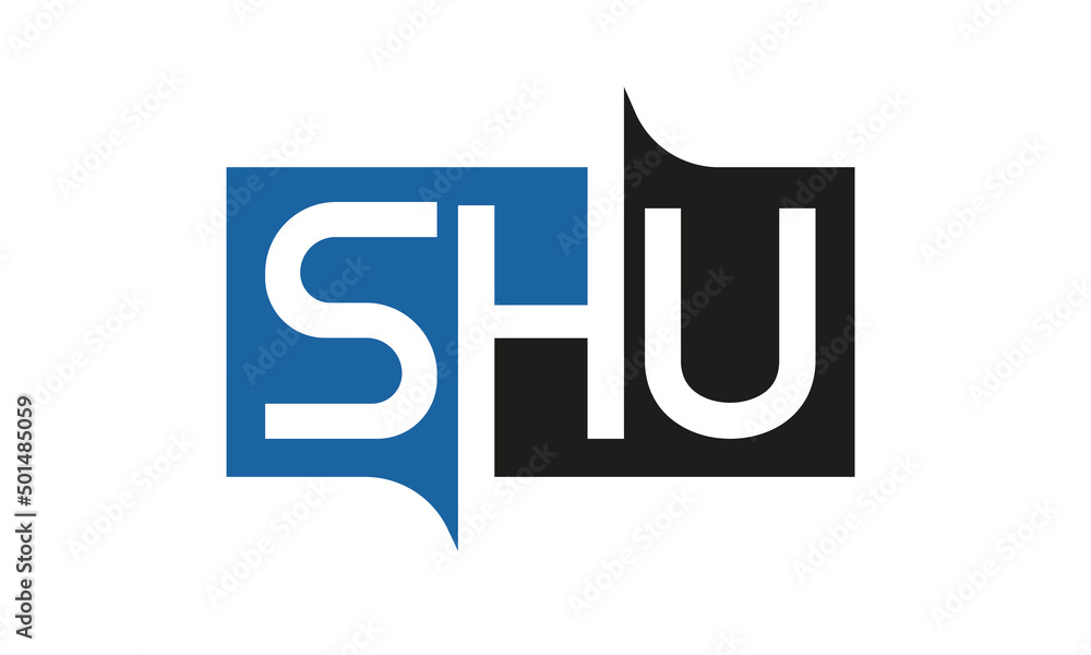 SHU Square Framed Letter Logo Design Vector with Black and Blue Colors SHU Square Framed Letter Logo Design Vector with Black and Blue Colors