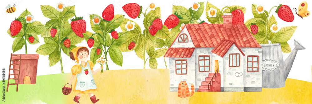Hand drawn watercolor fantasy meadow with strawberries, rural house, watering can, flower pot. Colorful fairytale summer landscape on white background