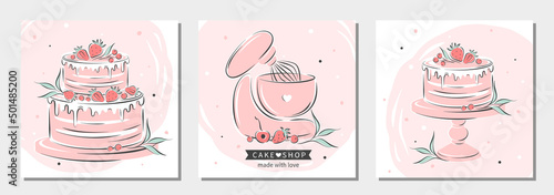 Set of design for pastry and bread shop. Cake shop logo. Planetary stationary dough mixer, cakes and berries. Vector illustration