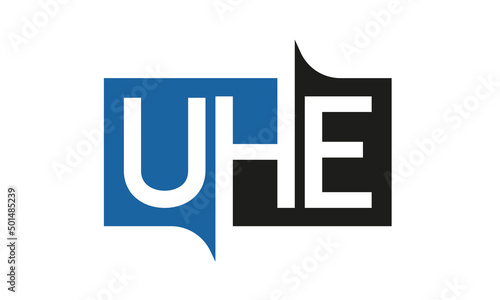 UHE Square Framed Letter Logo Design Vector with Black and Blue Colors