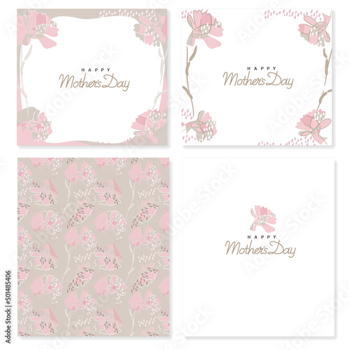 Template with seamless pattern of pink carnations vector illustration. Letterheads, shop card, shopping bag, web banners, wrapping paper. Cursive characters for Mother's Day.