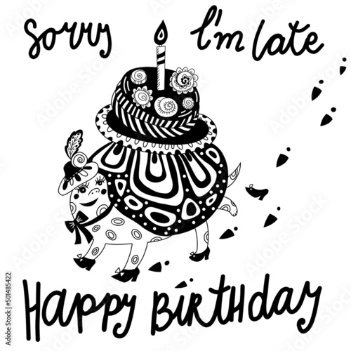 Happy belated birthday card with a cute turtle, cake and lettering. Vector design for card, logo, other template. 