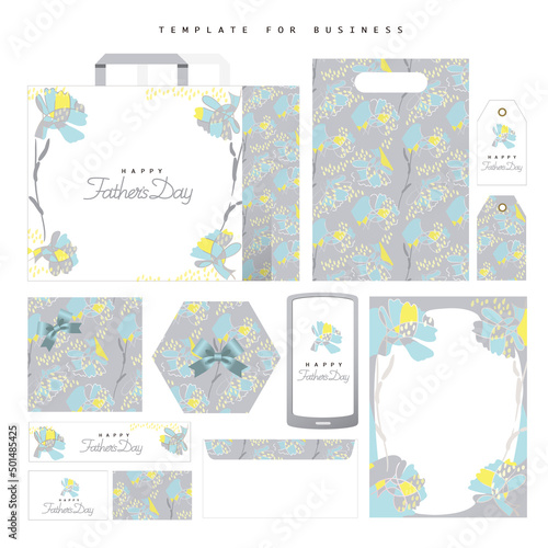 Template with seamless pattern of light blue carnations vector illustration. Letterheads, envelopes, shopping bag, web banners, price tags, wrapping paper and mini bag.  Characters for Father's day