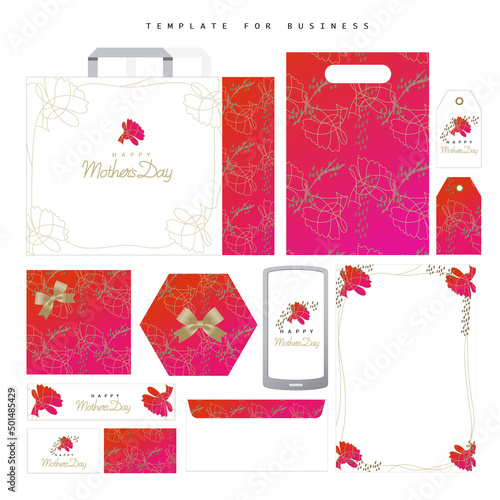 The background color is a red-pink gradation. Mother's Day - Template Design -line art carnations illustration Material. Letterheads, envelopes, shopping bag, web banners, price tags, wrapping paper, 