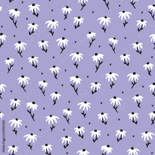 Vector seamless pattern background with bold hand drawn echinacea flowers on very peri purple background.