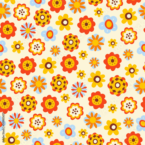 Floral seamless pattern with hippie retro flowers on a light background. Trendy vector groovy design in style 60s, 70s