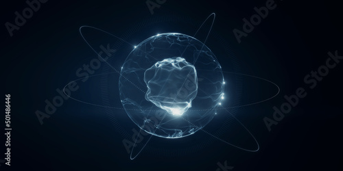 sphere made of neon dots. Global network connection. Digital atom. Globe Grid. Worldwide communication. Futuristic earth globe. Science, technology and illustration on dark background.