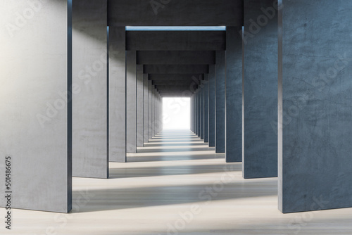 Fototapeta Naklejka Na Ścianę i Meble -  Front view on illuminated square exit in the end of modern design tunnel made of dark concrete slabs and shadows on the floor. 3D rendering