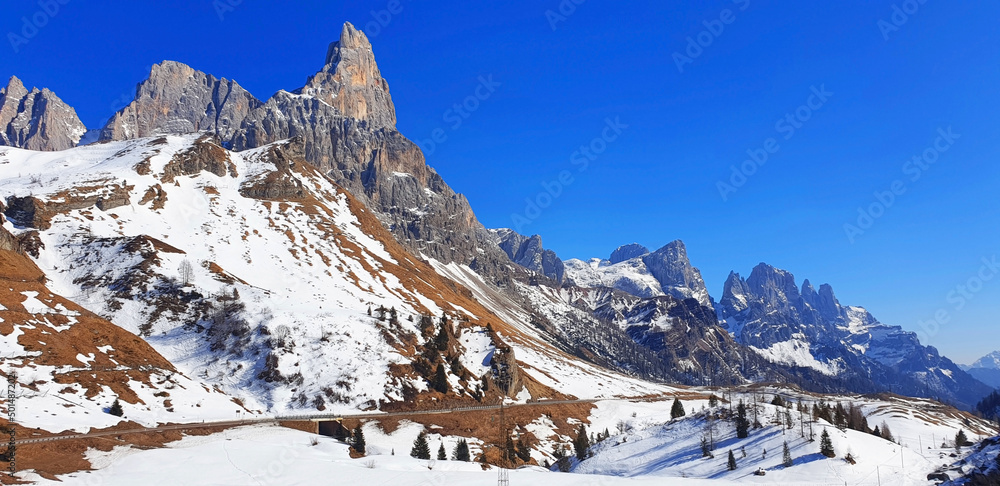 Dolomites mountain landscape with peak Punta rolle in San Martino di Castrozza. Panorama.
