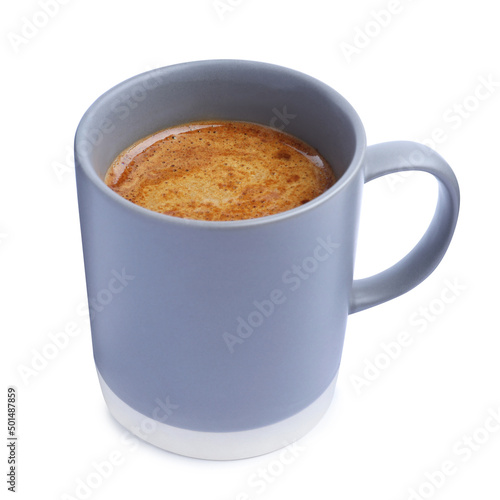 Fresh aromatic coffee in grey mug isolated on white