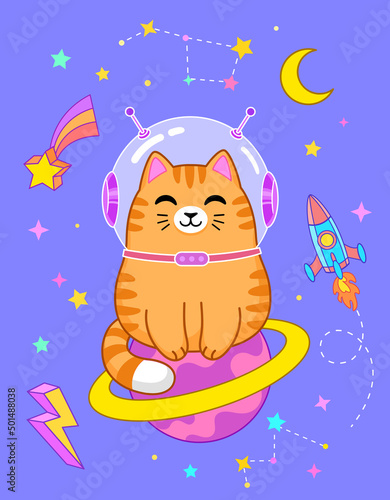 Cute cat astronaut sitting on Saturn. Vector illustration
