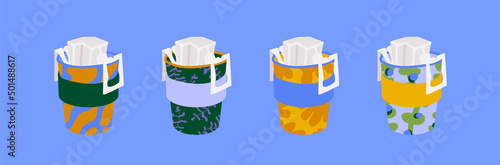 Set of cups with drip coffee. Pour over alternative brewing of espresso or americano. Colored mug with different patterns. Cartoon hand drawn illustration. Trendy to go cafe concept. Isolated vector