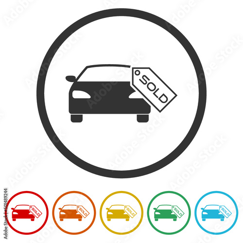 Sold car automobile deal sale icon. Set icons colorful