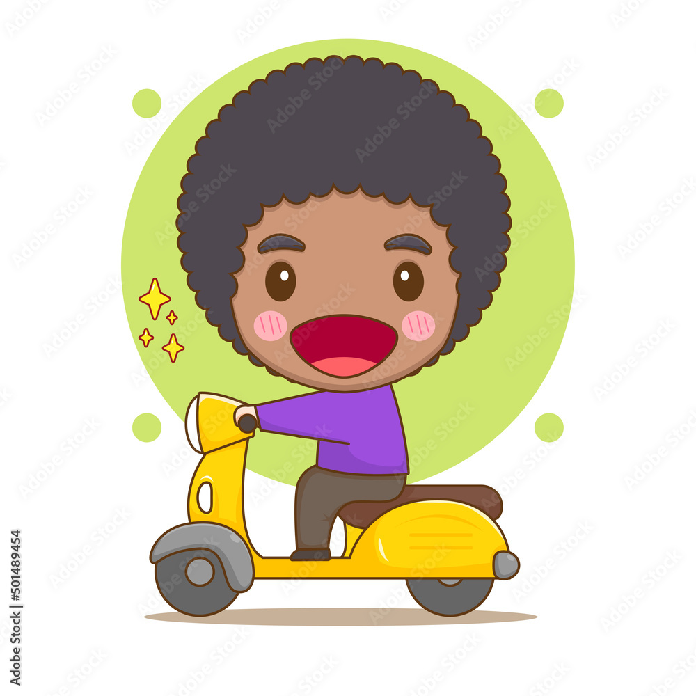 Cute boy riding motorbike. Chibi cartoon character. Vector art illustration Cute boy riding motorbike. Chibi cartoon character. Vector art illustration
