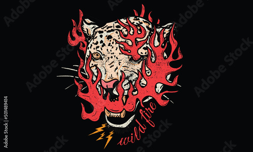 Leopard face graphic t shirt print design. Wild animal fire  artwork for posters, t-shirt,  stickers, background and others. Wild cat illustration. 