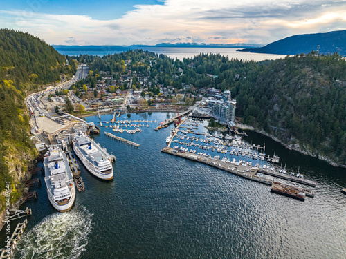 Obraz na plátně Aerial shot of the city, dense forest and moored boats and ferries at the harbor