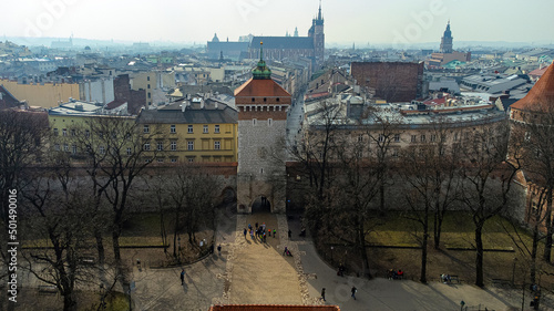 Aerial view of the St Florian's Gate in Krakow