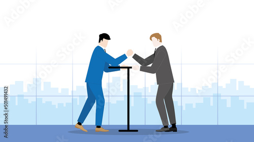 Business competition concept. Two businessmen, employees, and salarymen stand arm wrestling fight in an office workplace. Conflict, confrontation and contest of career competing in the working day.