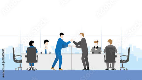 Business competition concept. Two businessmen, employees, and salarymen stand arm wrestling fight in an office workplace. Conflict, confrontation and contest of career competing in the working day.