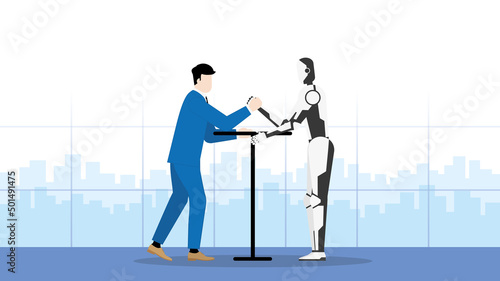 Business competition and cyber technology confrontation concept. A businessman and a robot fight arm wrestling in an office workplace. Conflict of human versus cyborg competing in the working day.