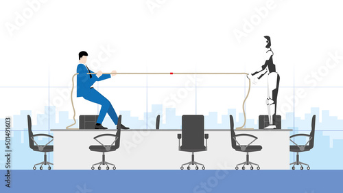Business competition and cyber technology confrontation concept. A businessman and a robot fight tug of war rope in an office workplace. Conflict of human versus cyborg competing in the working day.
