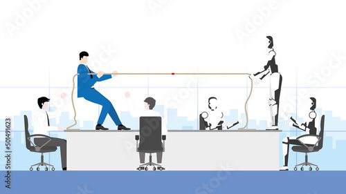 Business competition and cyber technology confrontation concept. A businessman and a robot fight tug of war in an office workplace. Conflict of human versus cyborg team competes in the working day.