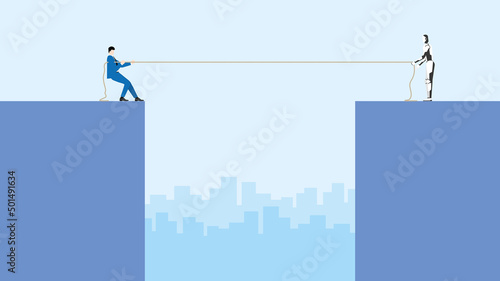 Business competition and cyber technology confrontation concept. A businessman and a robot fighting for a position by a tug of war rope. Conflict of human versus cyborg competing in the working day.