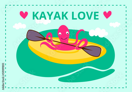 Vector design of baby print with kayak and paddle. Boat. Funny animals octopus.Sport, sea. Horizontal flat digital eps pattern.Image for poster, t shirt, label, banner, logo