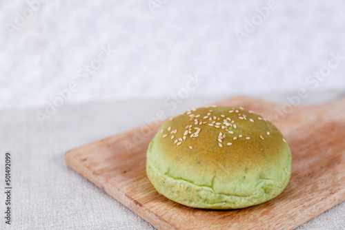 Green Pandan burger buns with sesame set with copy space for text