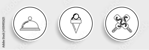 Set line Ice cream, Covered with tray of food and in waffle cone icon. Vector
