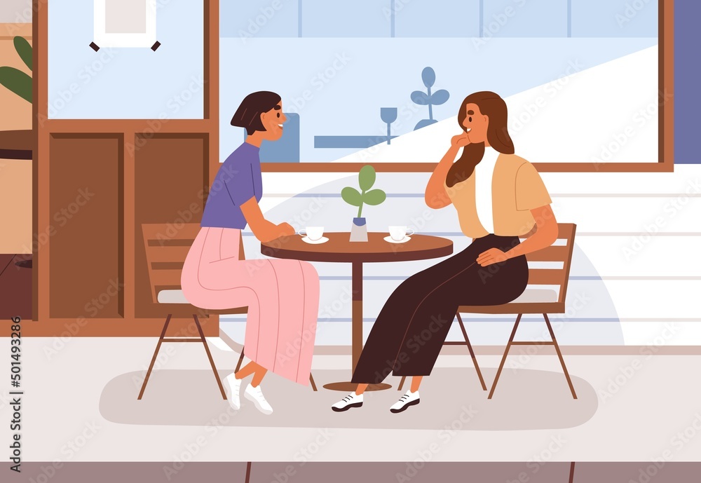 Women friends at cafe table outside of coffee shop. Girls talking, sitting at summer cafeteria terrace outdoors in city street. Girlfriends meeting in coffeehouse in morning. Flat vector illustration