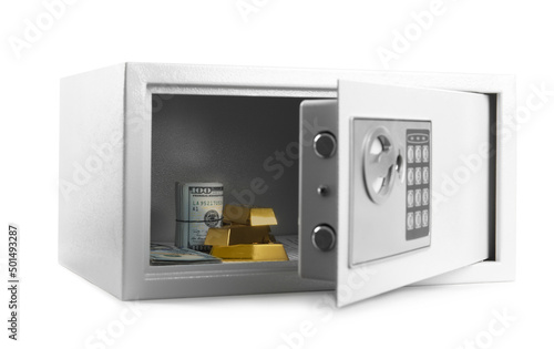 Open steel safe with money and gold bars isolated on white