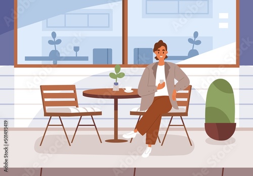 Woman sitting at cafe table with phone outdoors. Happy person alone at summer terrace outside of coffee shop. Girl with smartphone near coffeehouse, cafeteria in city street. Flat vector illustration