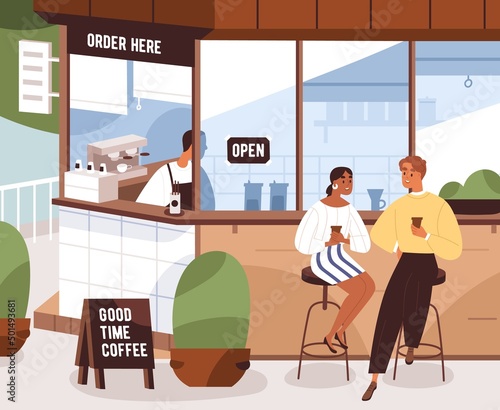 Love couple drinking coffee, sitting on chair near coffeeshop kiosk. Man and woman on summer date with takeaway cups outdoors. Friends meeting, talking in city street. Flat vector illustration