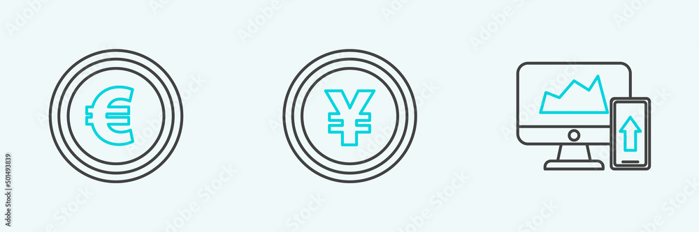 Set line Financial chart or graph on the computer monitor and mobile phone, Coin money with euro symbol and Yen icon. Vector Set line Financial chart or graph on the computer monitor and mobile phone, Coin money with euro symbol and Yen icon. Vector