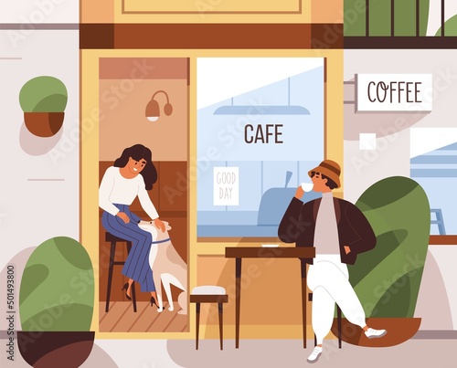 City cafe with tables, customers indoors and outdoors. People drinking in dog-friendly coffee shop, coffeehouse. Man relaxing in summer terrace outside cafeteria in street. Flat vector illustration