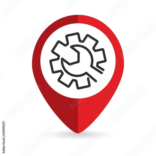 Red pin location with gear icon inside. Vector illustration.