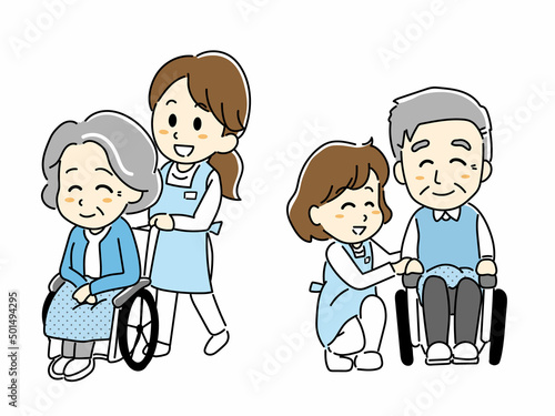 介護：女性ヘルパーと車椅子に乗ったお年寄り