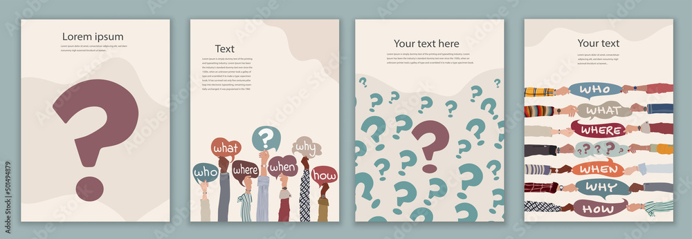 Arms up people holding speech bubble with text -Who What Where When Why How- and question mark symbol. Investigate and solve questions.Editable brochure template flyer leaflet cover poster