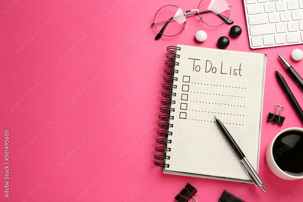 Flat lay composition with unfilled To Do list and cup of coffee on pink background, space for text Flat lay composition with unfilled To Do list and cup of coffee on pink background, space for text