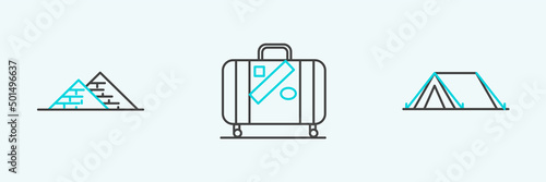 Set line Tourist tent, Egypt pyramids and Suitcase for travel and stickers icon. Vector