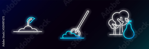 Set line Tree with pears, Sprout and Shovel in the ground icon. Glowing neon. Vector