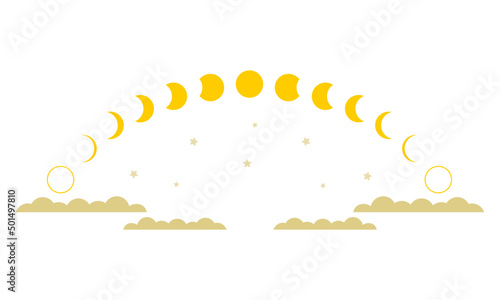 Yellow moon different phases or lunar phases stars with cloud on white background flat vector icon design.
