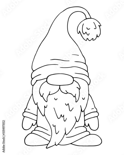 Winter coloring page with a gnome with a beard in a hat under. Christmas hand drawn vector line art illustration. Coloring book for children and adults.