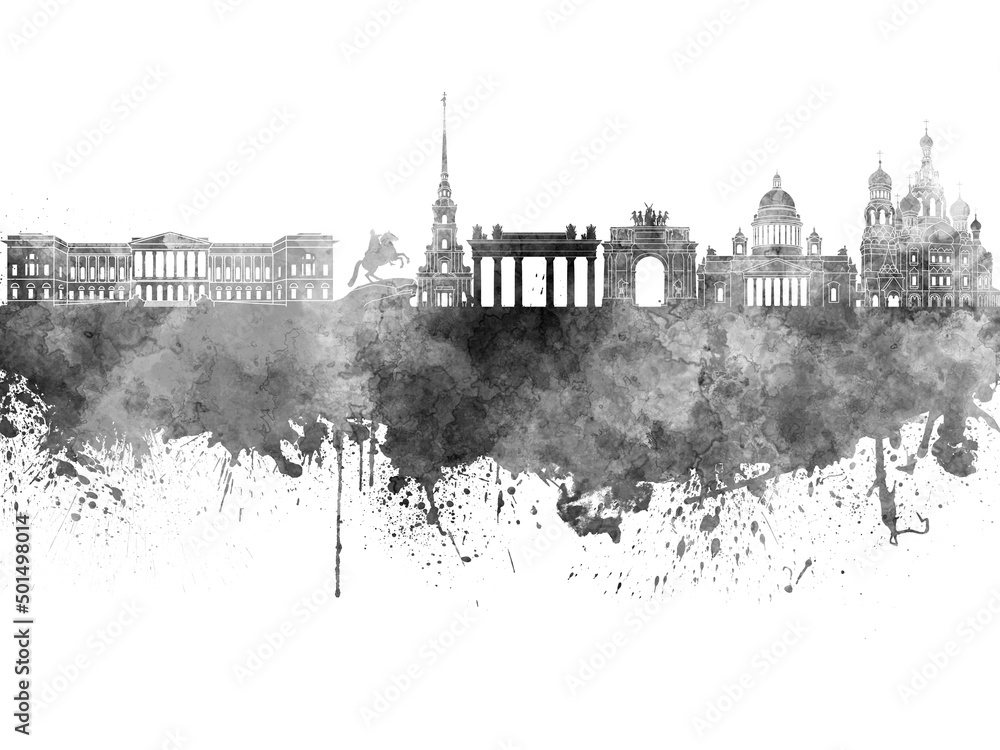 Saint Petersburg skyline in black watercolor