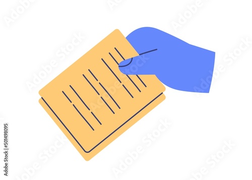 Hand holding document icon. Arm with abstract business papers, official legal contract with lines. Submitting application, report concept. Flat vector illustration isolated on white background