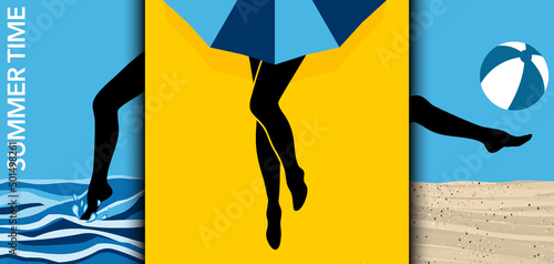 3 affiches artistique formant un triptyque sur le thème des plaisirs des vacances à la mer, représenté symboliquement par des silhouettes de jambes de femme se baignant, bronzant et jouant au ballon.